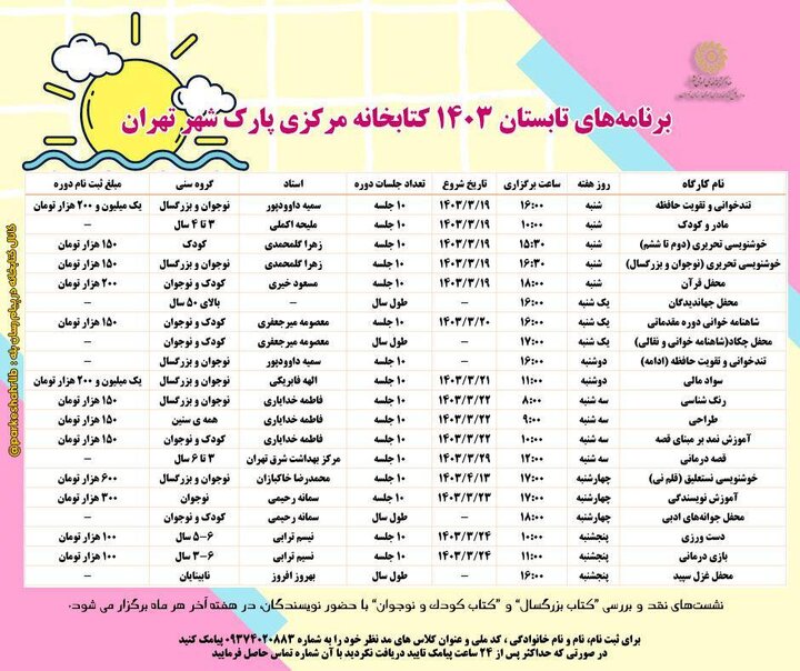 آغاز ثبت نام کارگاه‌ها و کلاس‌های آموزشی کتابخانه ویژه فصل تابستان