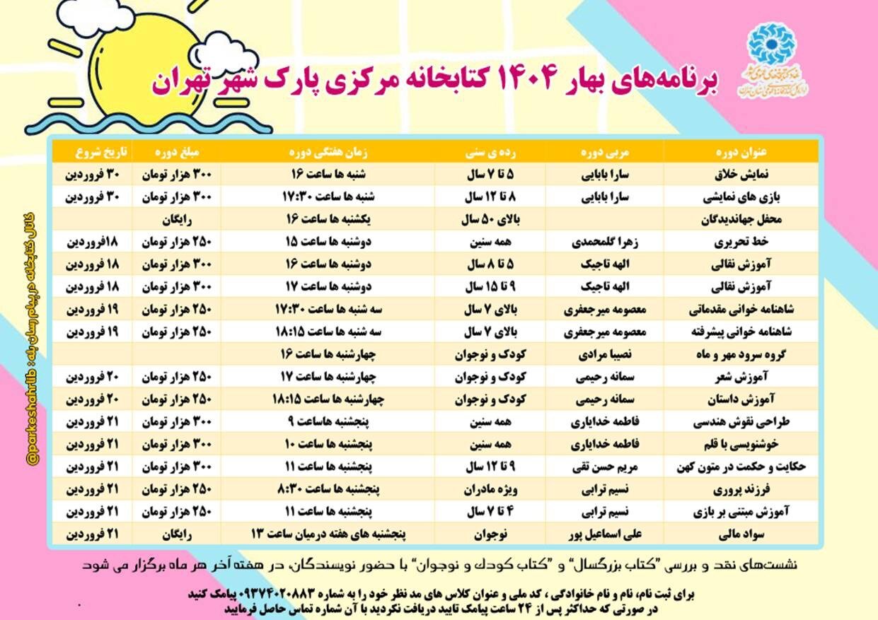 برگزاری کارگاهها و کلاسهای آموزشی کتابخانه مرکزی پارک شهر تهران در فصل بهار