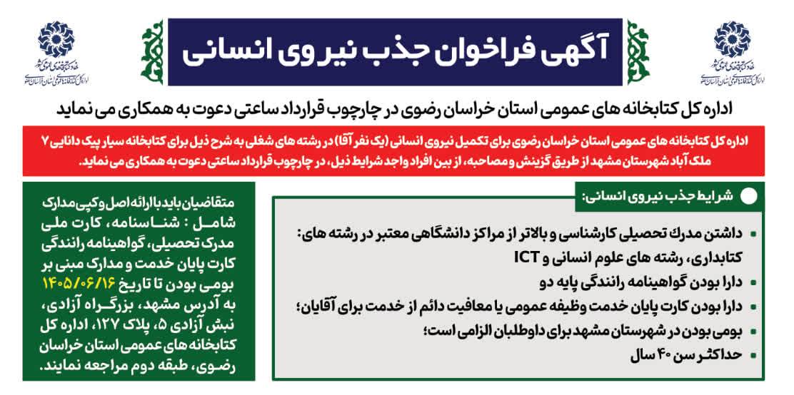 اداره‌کل کتابخانه‌های عمومی استان خراسان رضوی دعوت به همکاری می‌کند