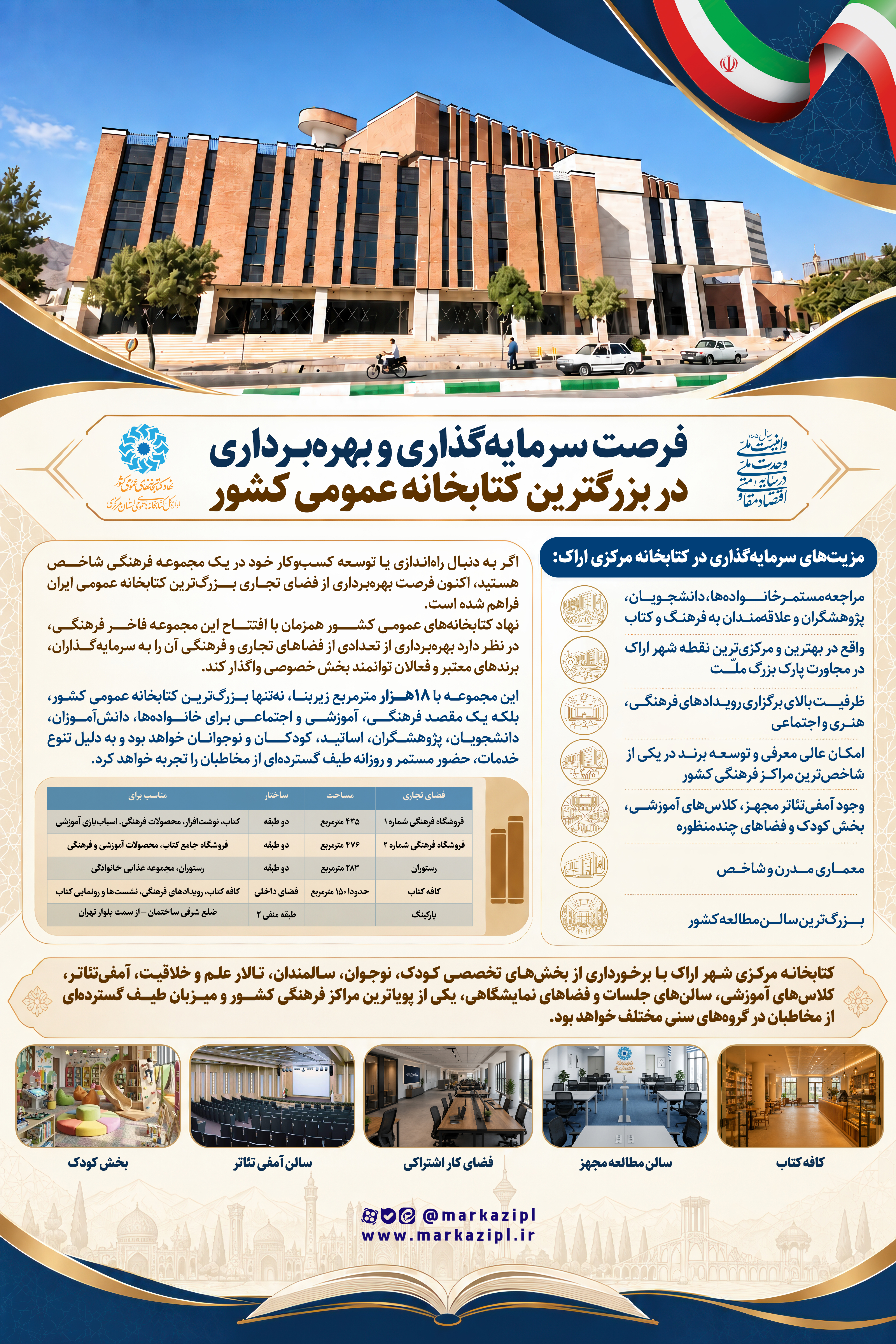 فراخوان واگذاری فضاهای تجاری کتابخانه مرکزی اراک منتشر شد