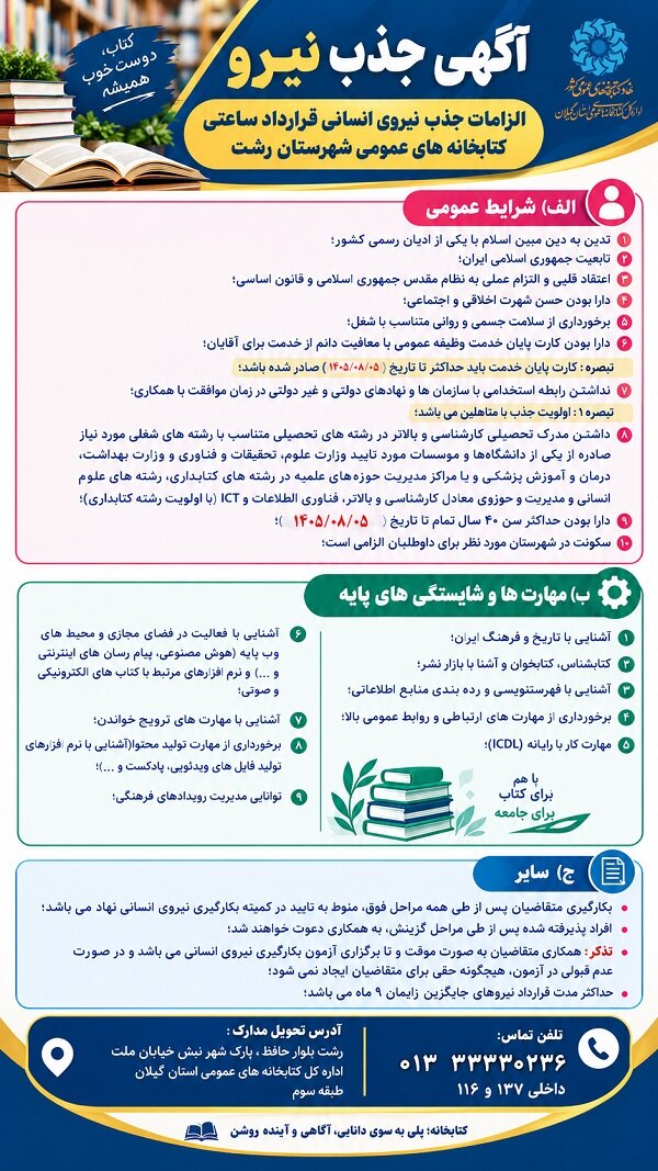 آگهی جذب (۲نفر) کتابدار برای کتابخانههای عمومی شهرستان رشت